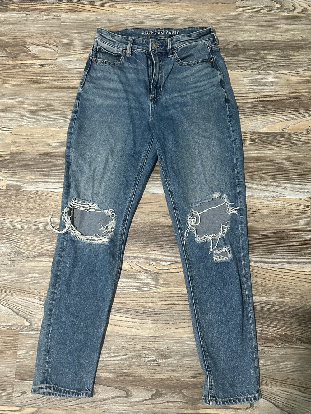 American Eagle Outfitters Distressed Mid-Dark Blue Straight Leg Jeans